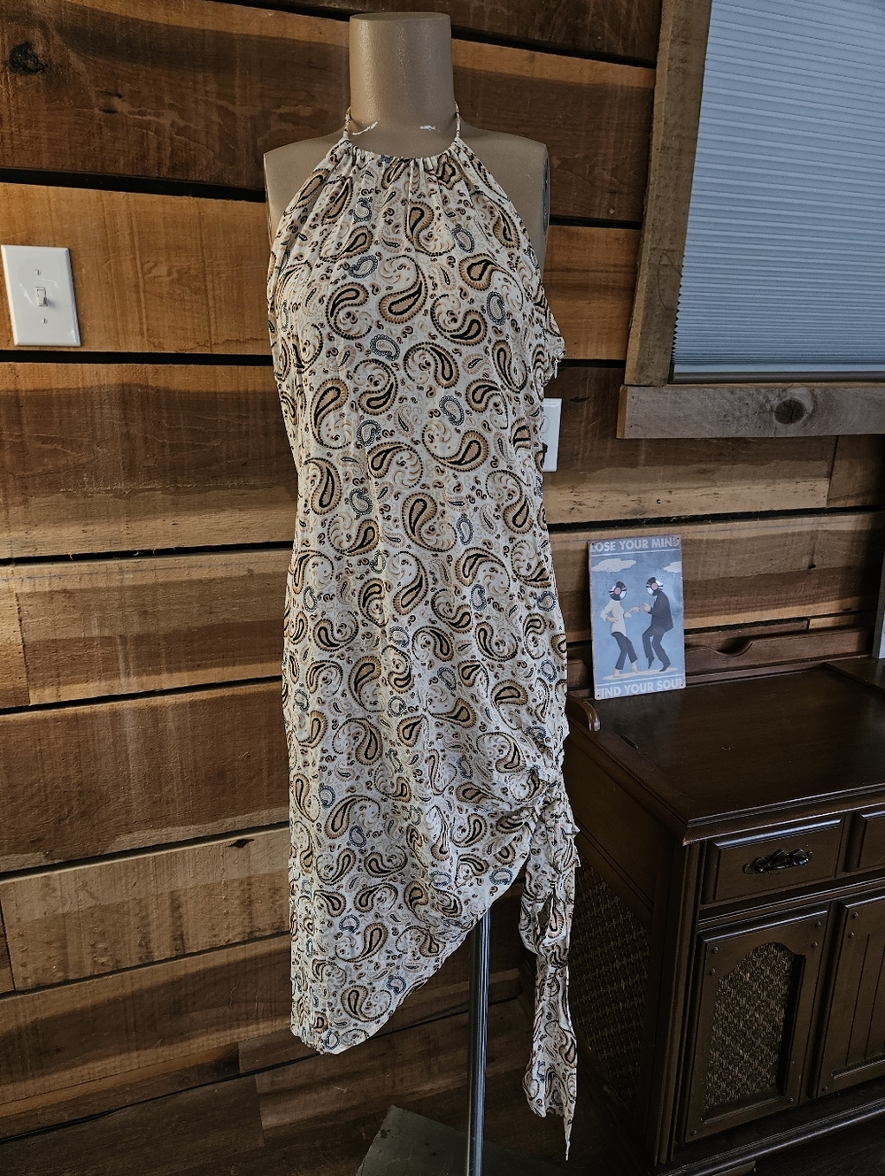 Tularosa Paisley Bandana Print Asymmetrical Tie-Hem Dress Cream & Brown Sz M